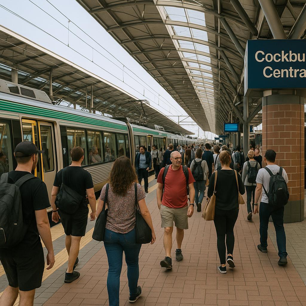 Busy train station in Cockburn Central