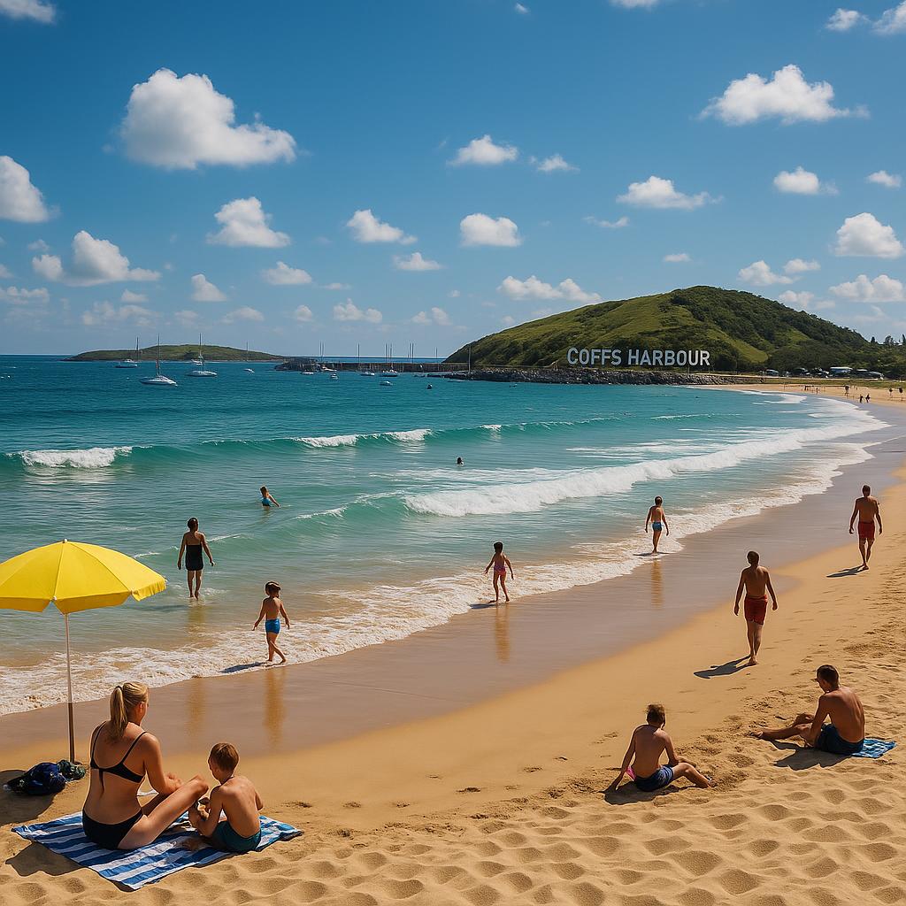 Beautiful Coffs Harbour beach with sunbathers and surfers