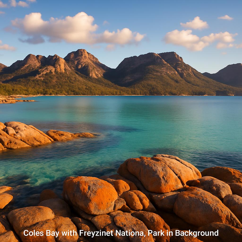 Panoramic view of Coles Bay and Freycinet National Park