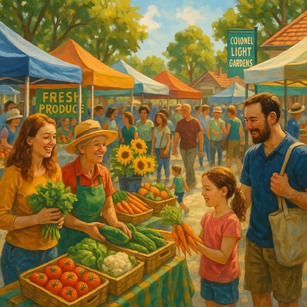 Weekend market in Colonel Light Gardens with local stalls and community members.