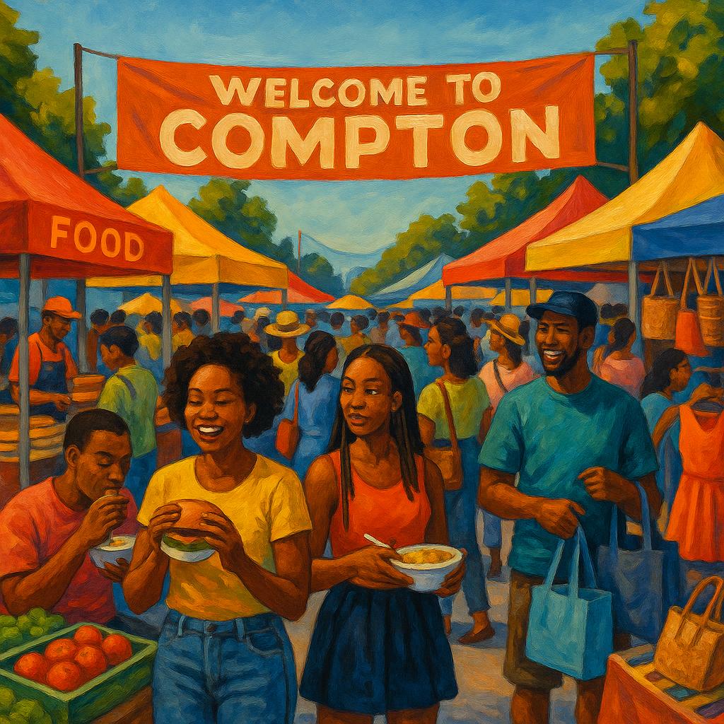 Weekend market in Compton with shoppers and stalls.
