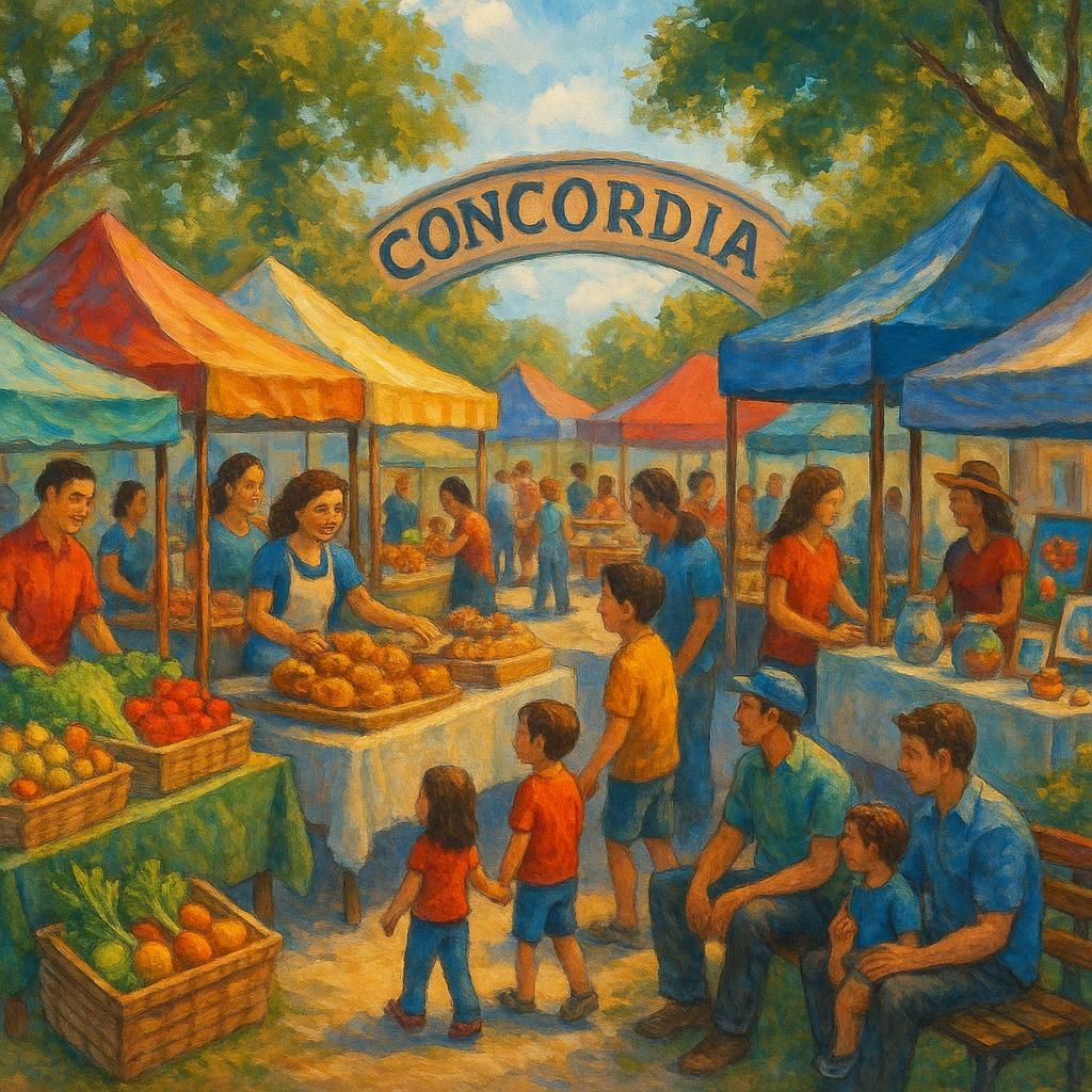 Busy weekend market in Concordia, showcasing local produce and community.