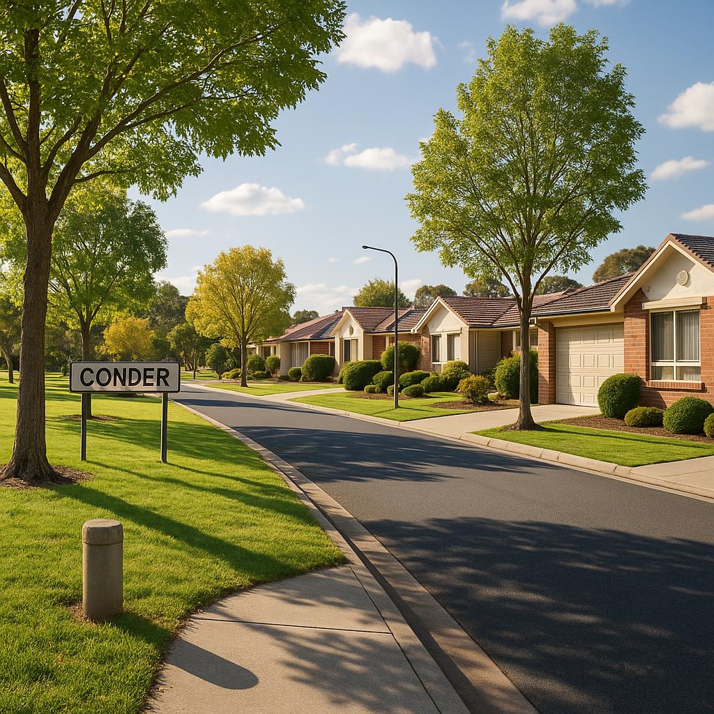 Residential street in Conder with family homes and parks.