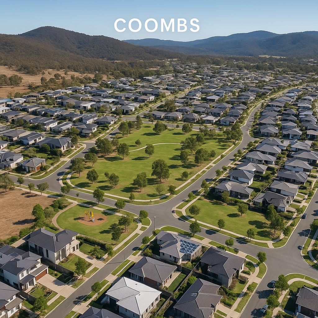 Aerial view of Coombs showing green spaces and homes