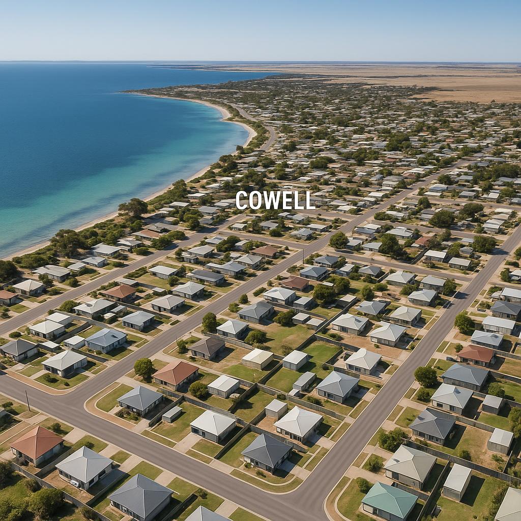 Aerial view of Cowell with housing and scenic coast