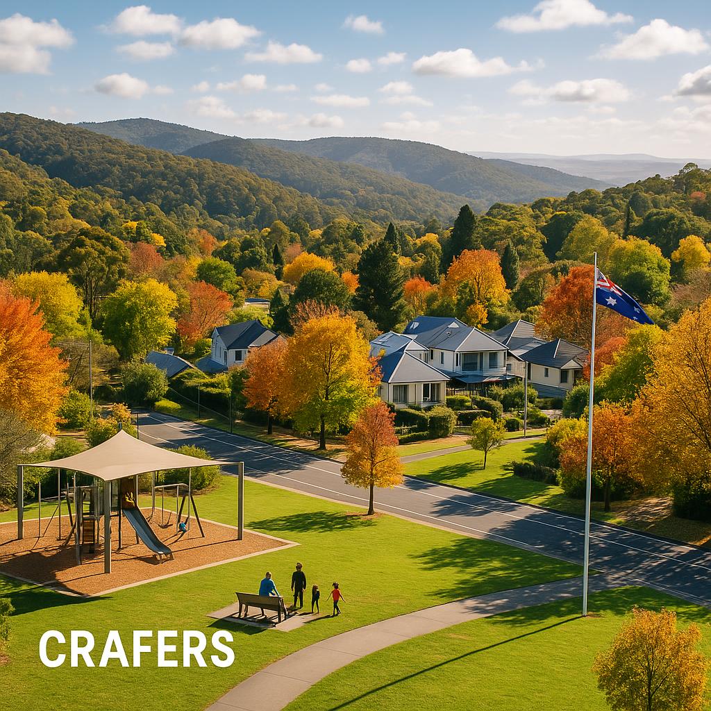 Scenic view of Crafers suburb with hills and family parks.
