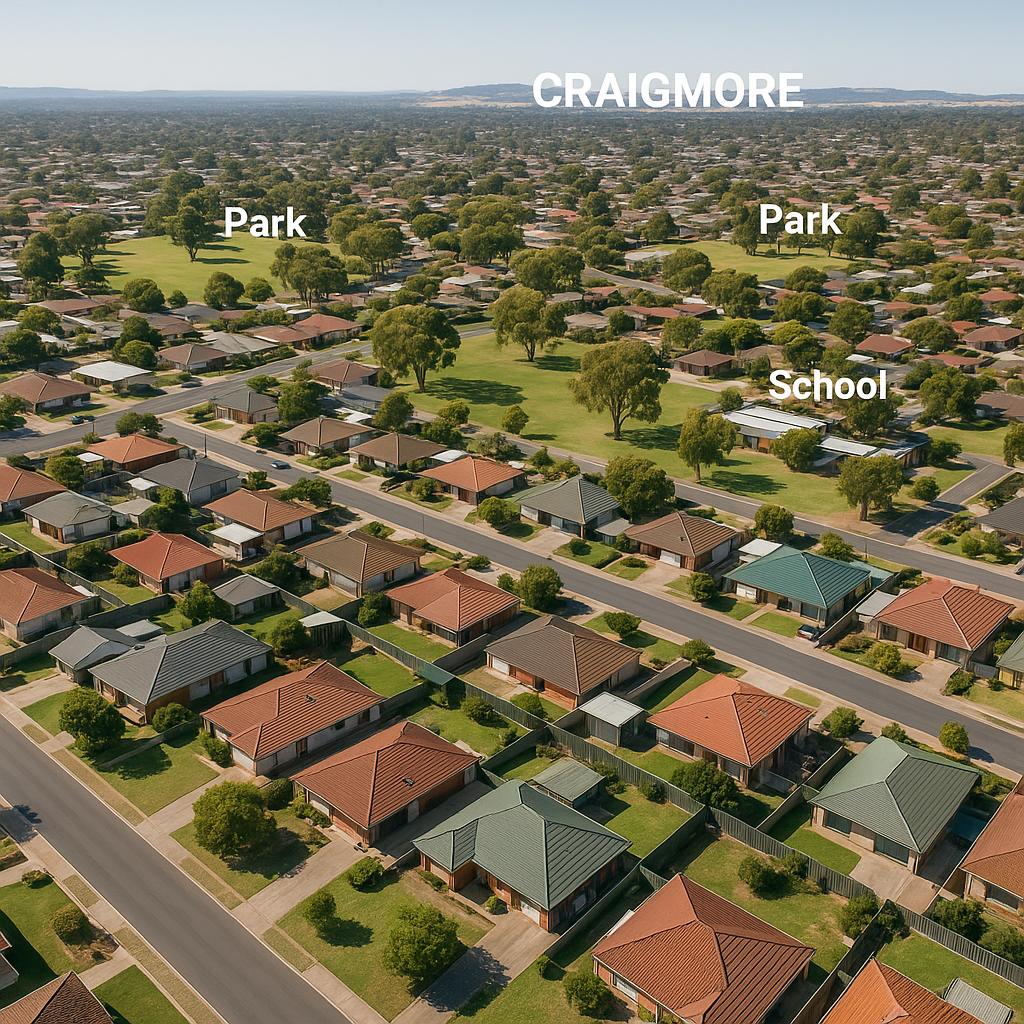 Aerial view showing Craigmore suburb with homes and parks