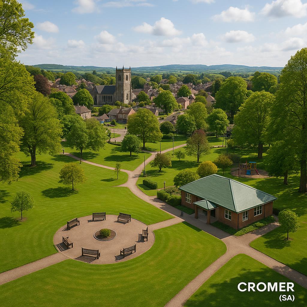Scenic view of Cromer with parks and community hubs.