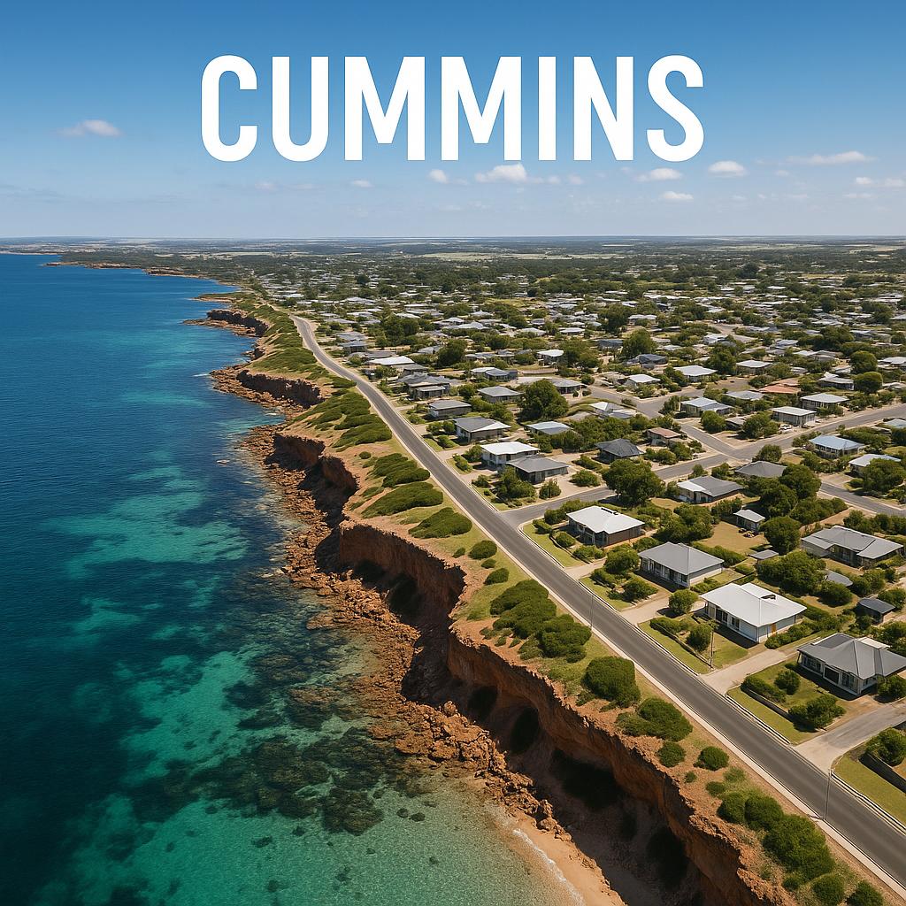 Aerial view of Cummins coastline and houses