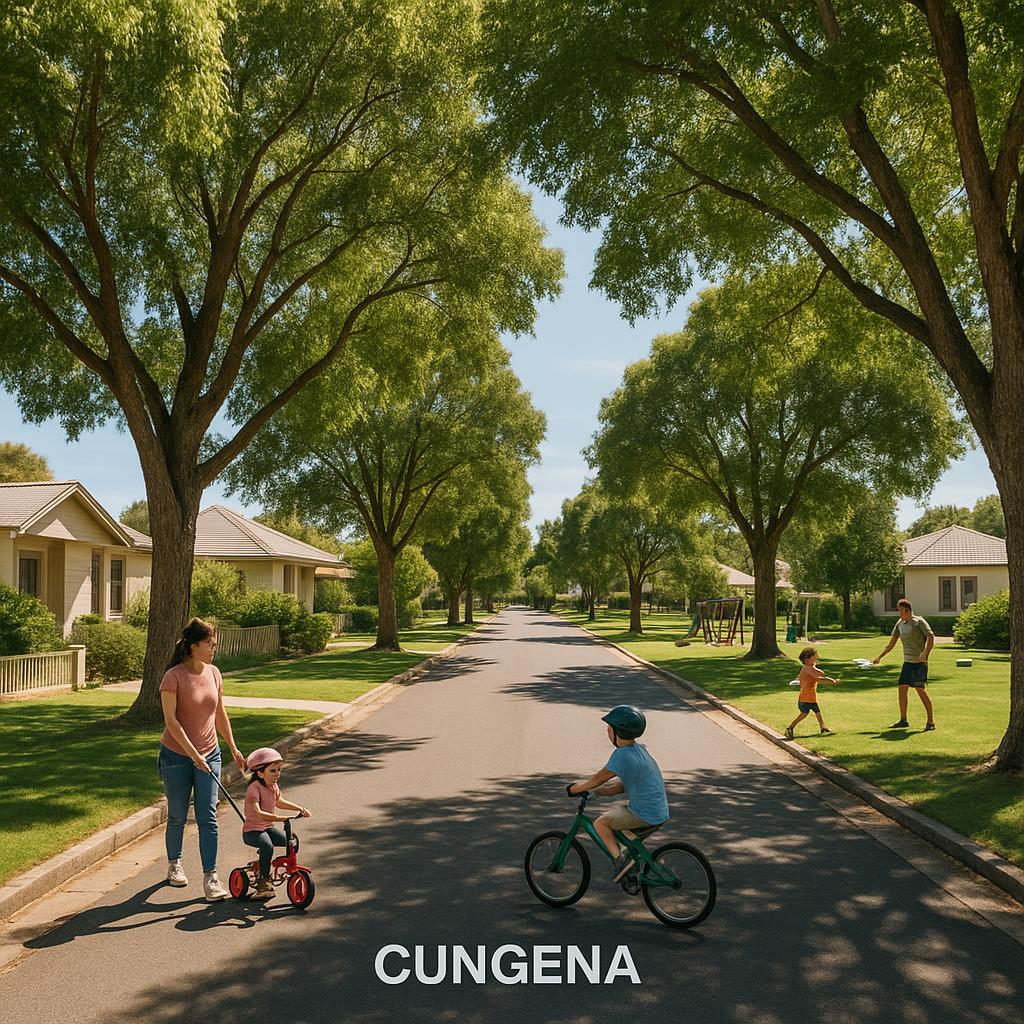 Leafy street in Cungena with families and parks