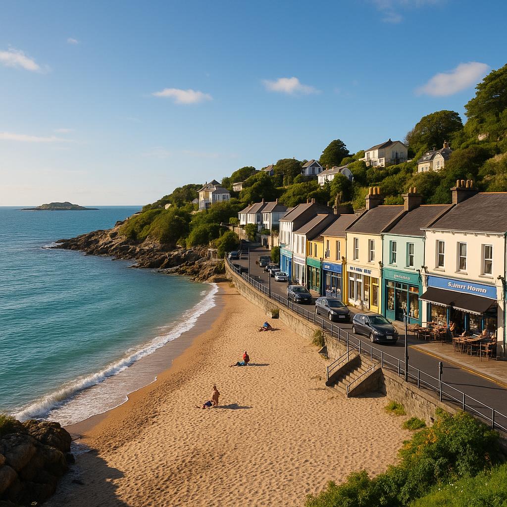 Beautiful Dalkey coastline featuring a beach and vibrant main street