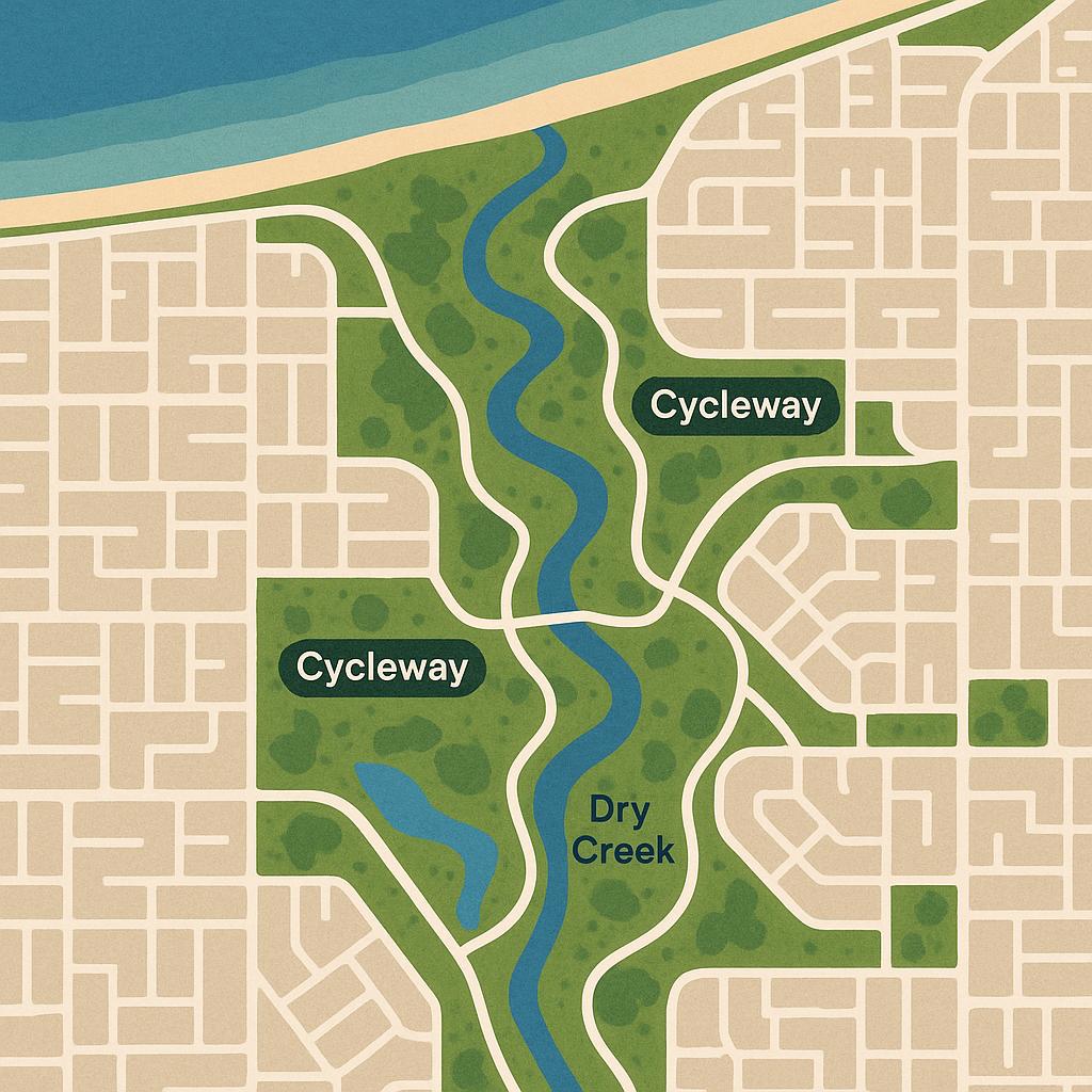 Aerial view of Dry Creek with beautiful cycleways and coast