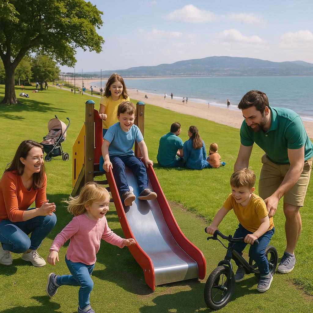 Coastal park with families enjoying the day in Dublin
