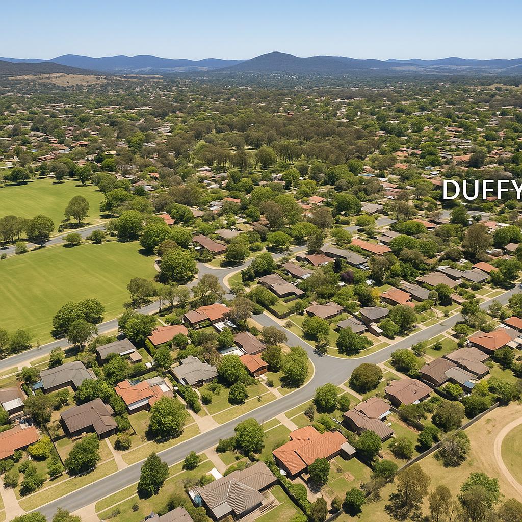 Aerial view of Duffy suburb, featuring parks and houses.