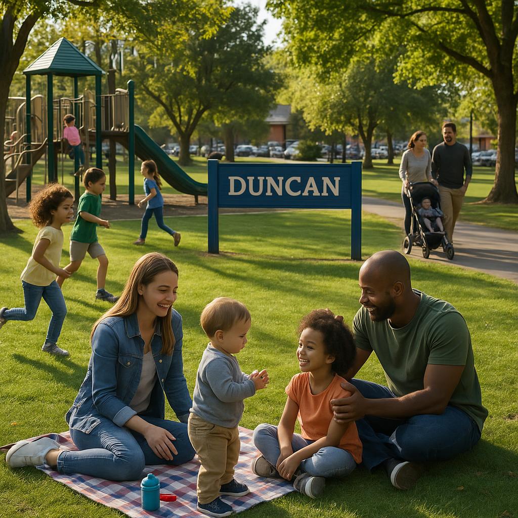 Park in Duncan with families playing and relaxing.