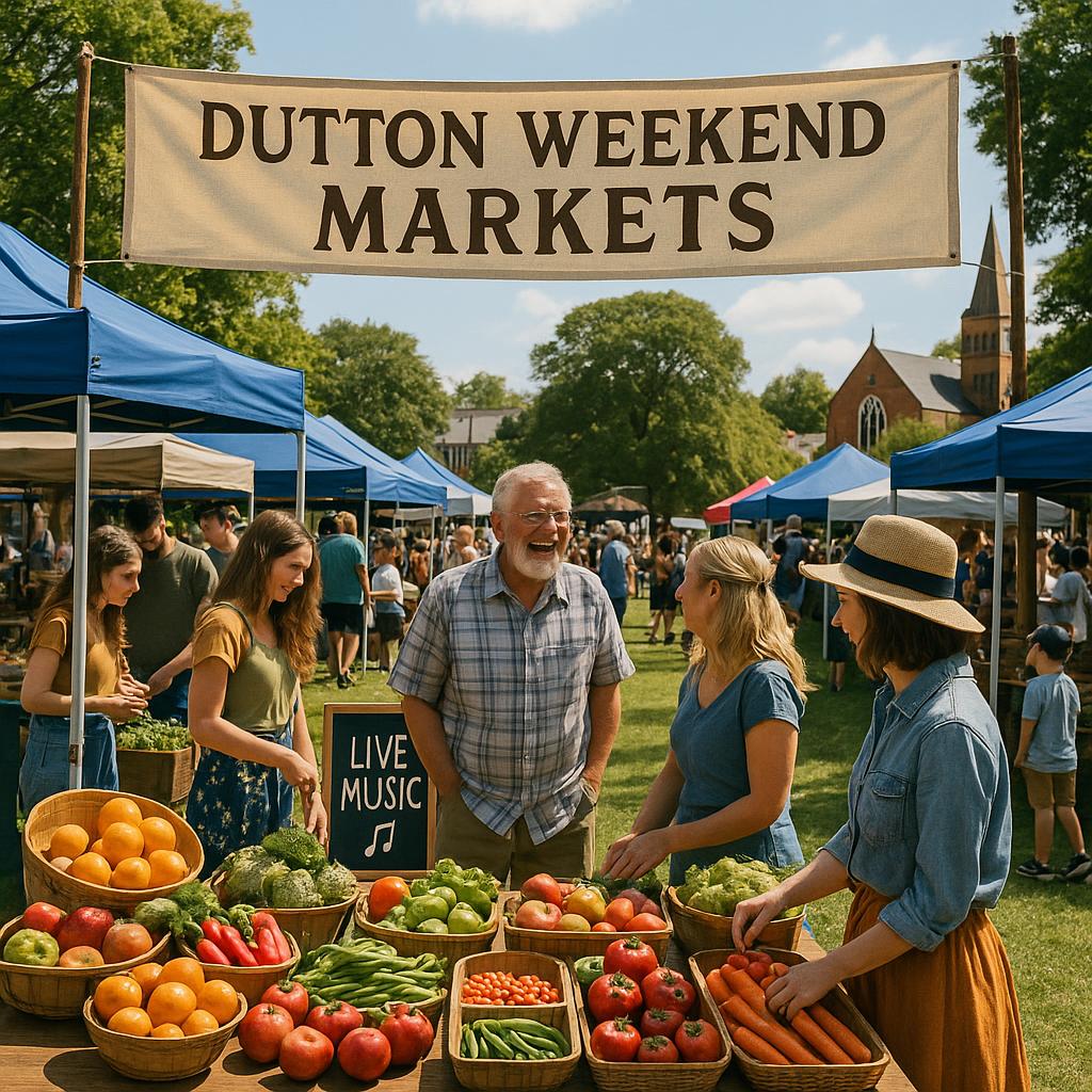 Dutton weekend market scene with local vendors and shoppers.