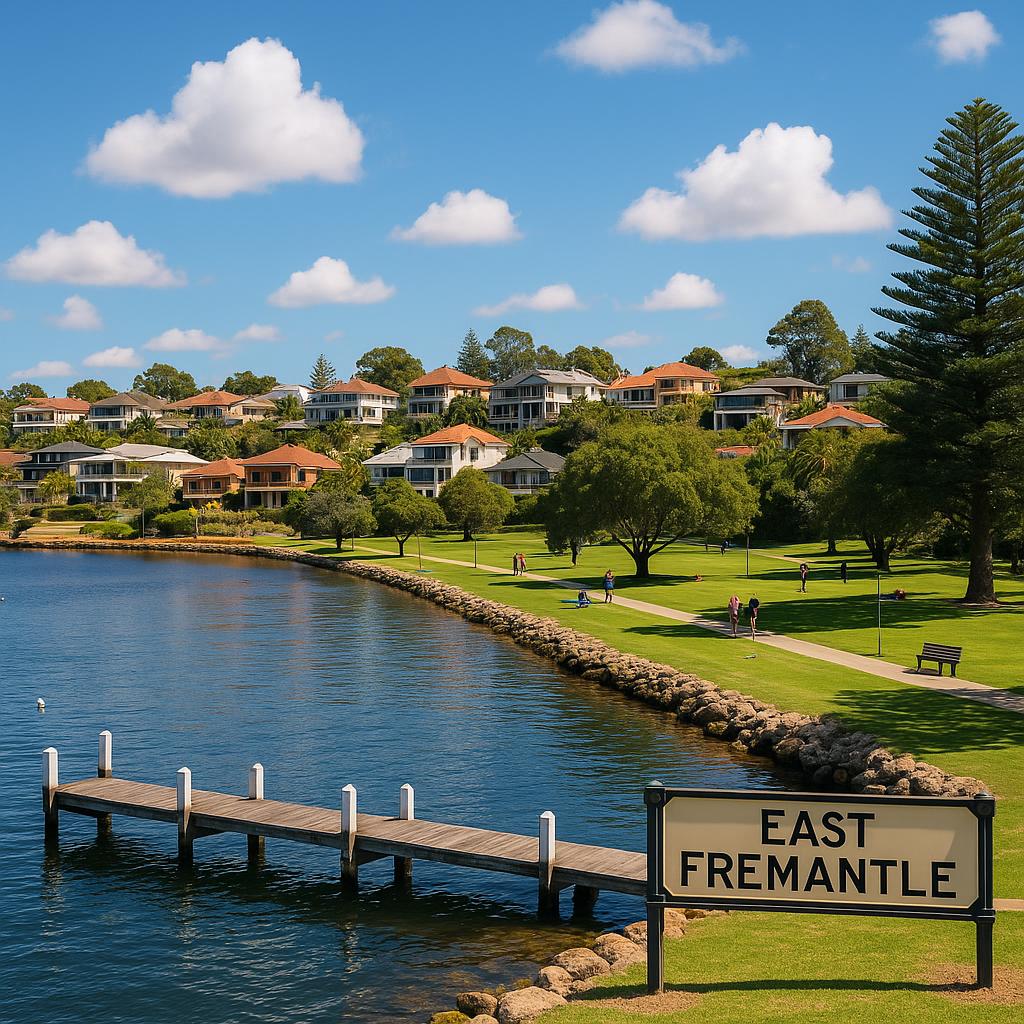 Waterfront view of East Fremantle with homes and parks.