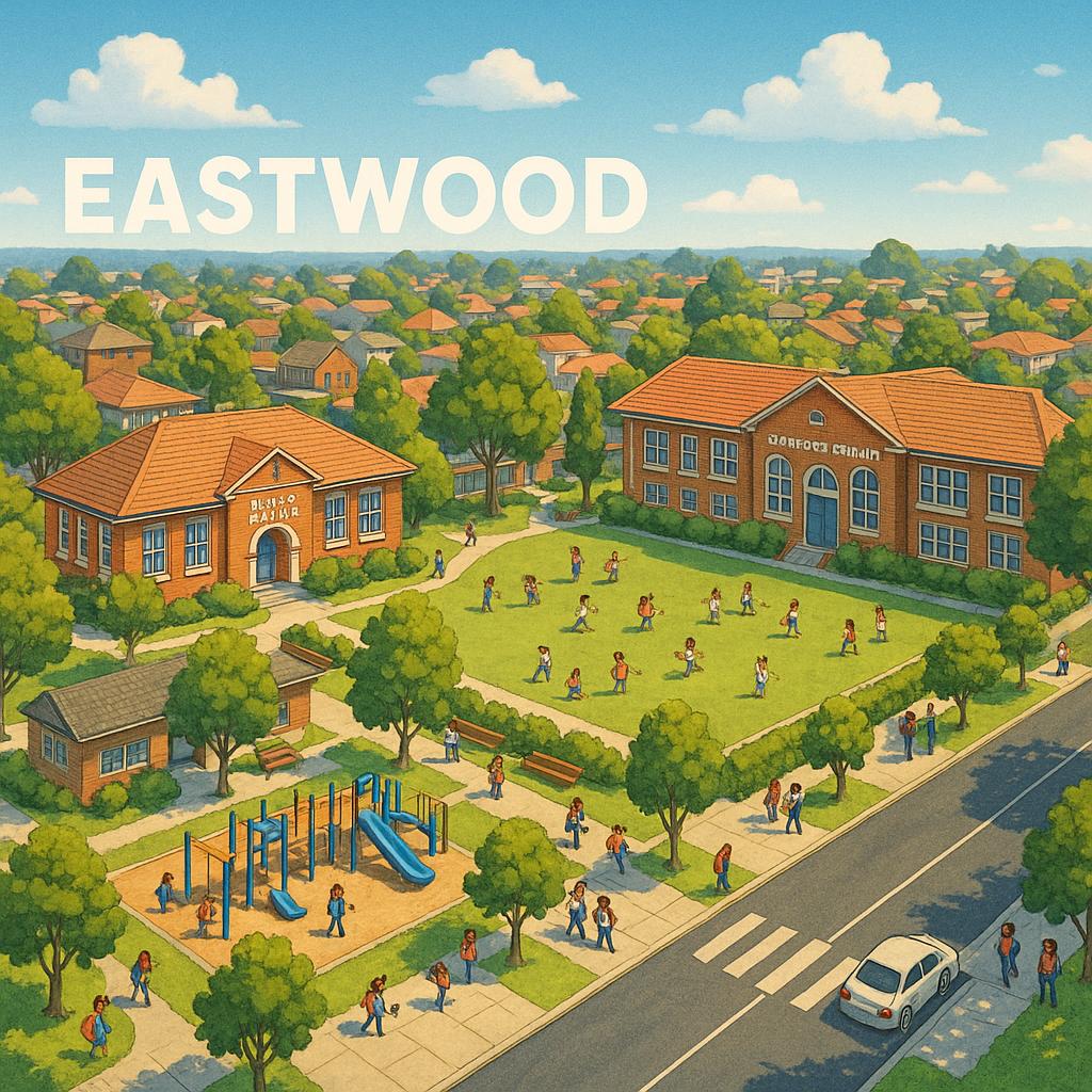 Community area in Eastwood featuring local schools