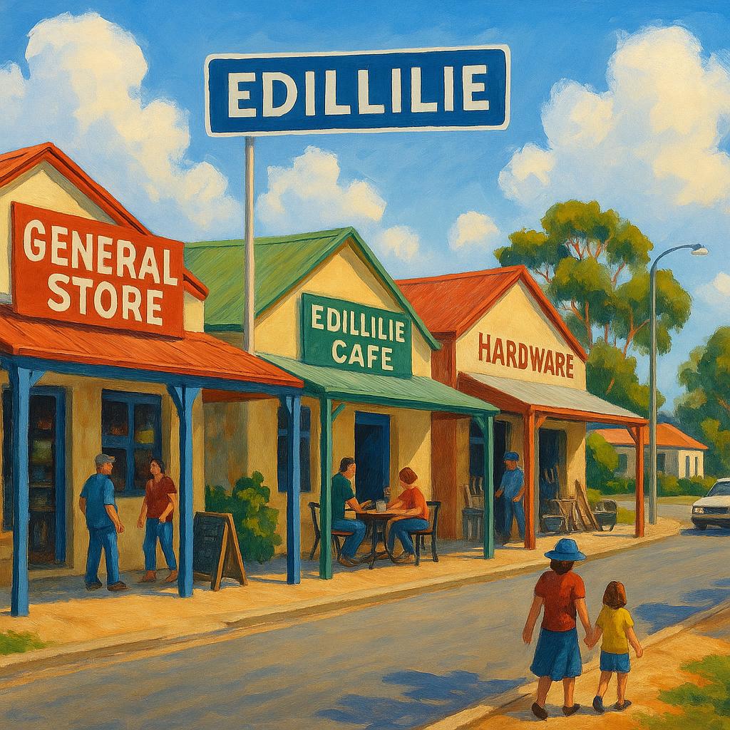 Street view of Edillilie with local shops and activity.