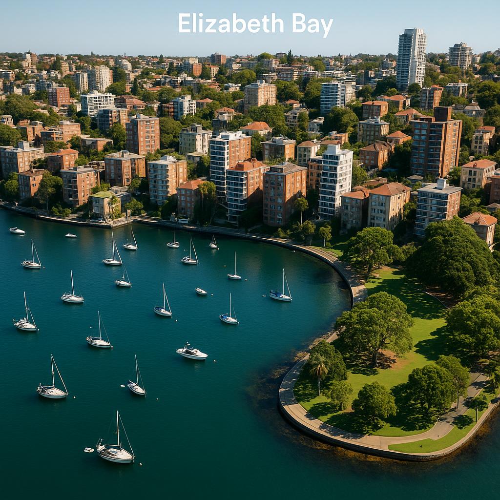 Aerial view of Elizabeth Bay with waterfront residences