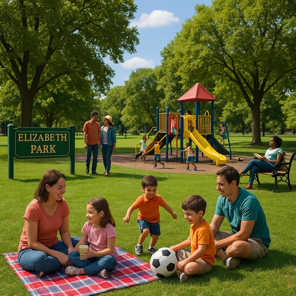 Community park in Elizabeth Park with families enjoying the outdoors.