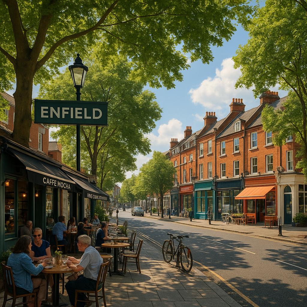 Leafy street in Enfield with local cafés