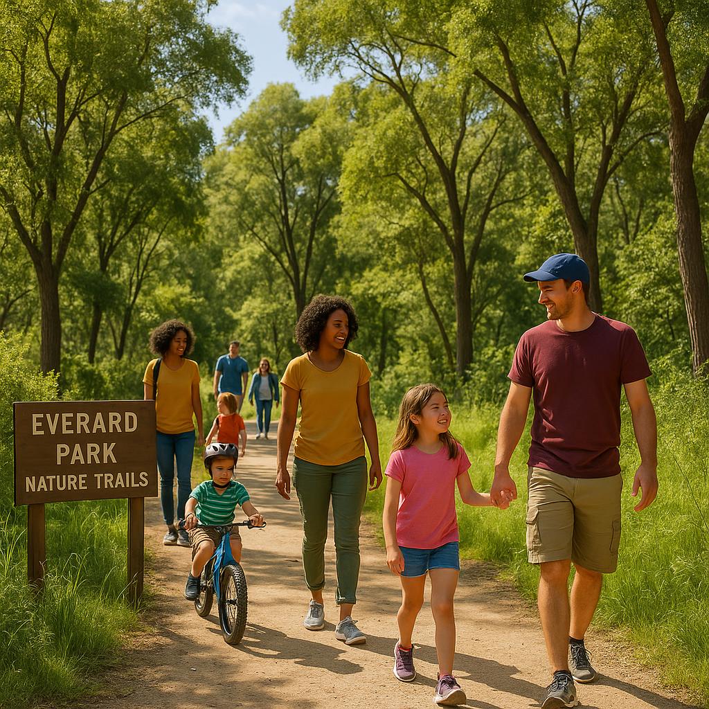 Families enjoying nature walk in Everard Park