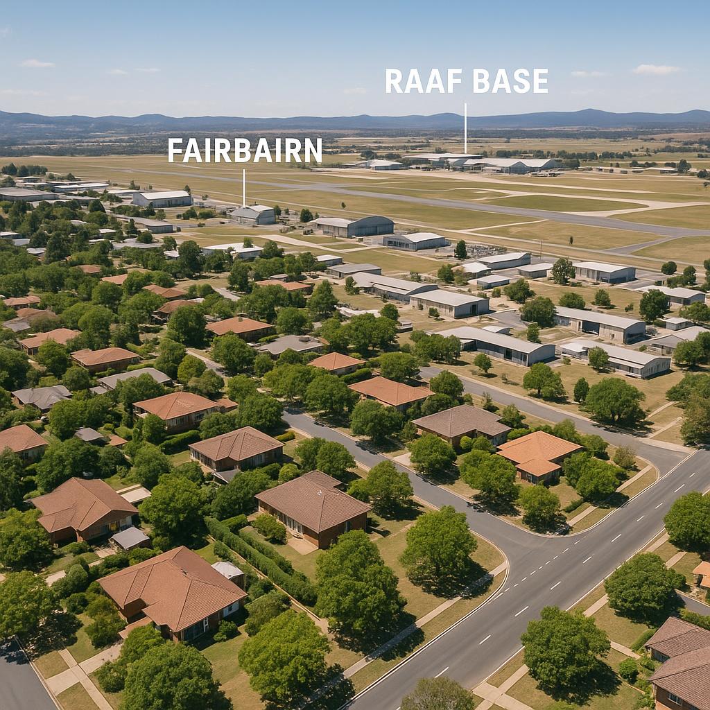 Aerial view of Fairbairn showing residential and RAAF base