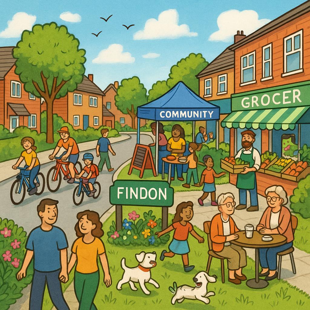 A community-centric street in Findon with homes and parks.