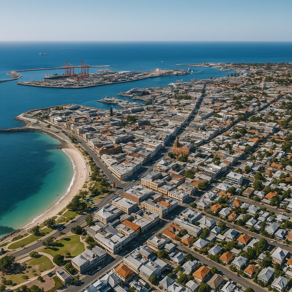 Aerial view of Fremantle's coastline and urban area