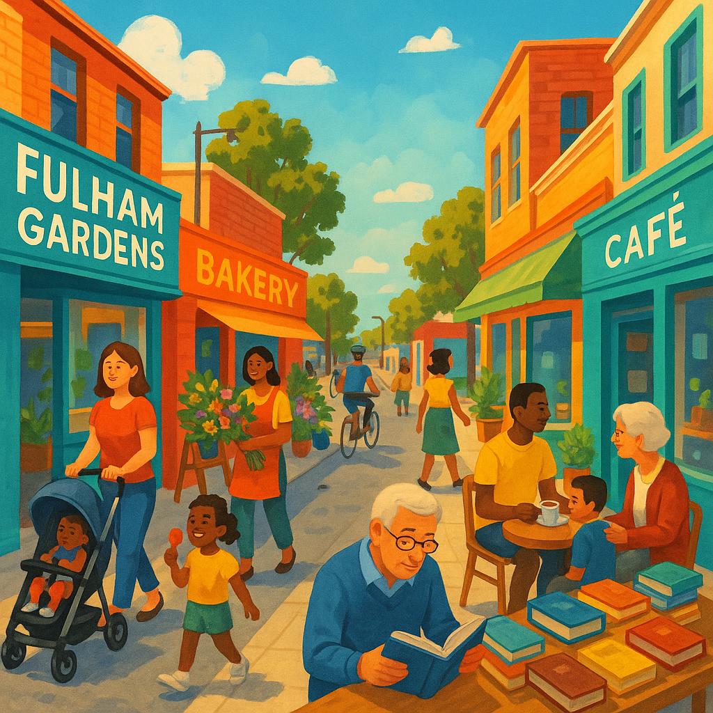 Street scene in Fulham Gardens with shops