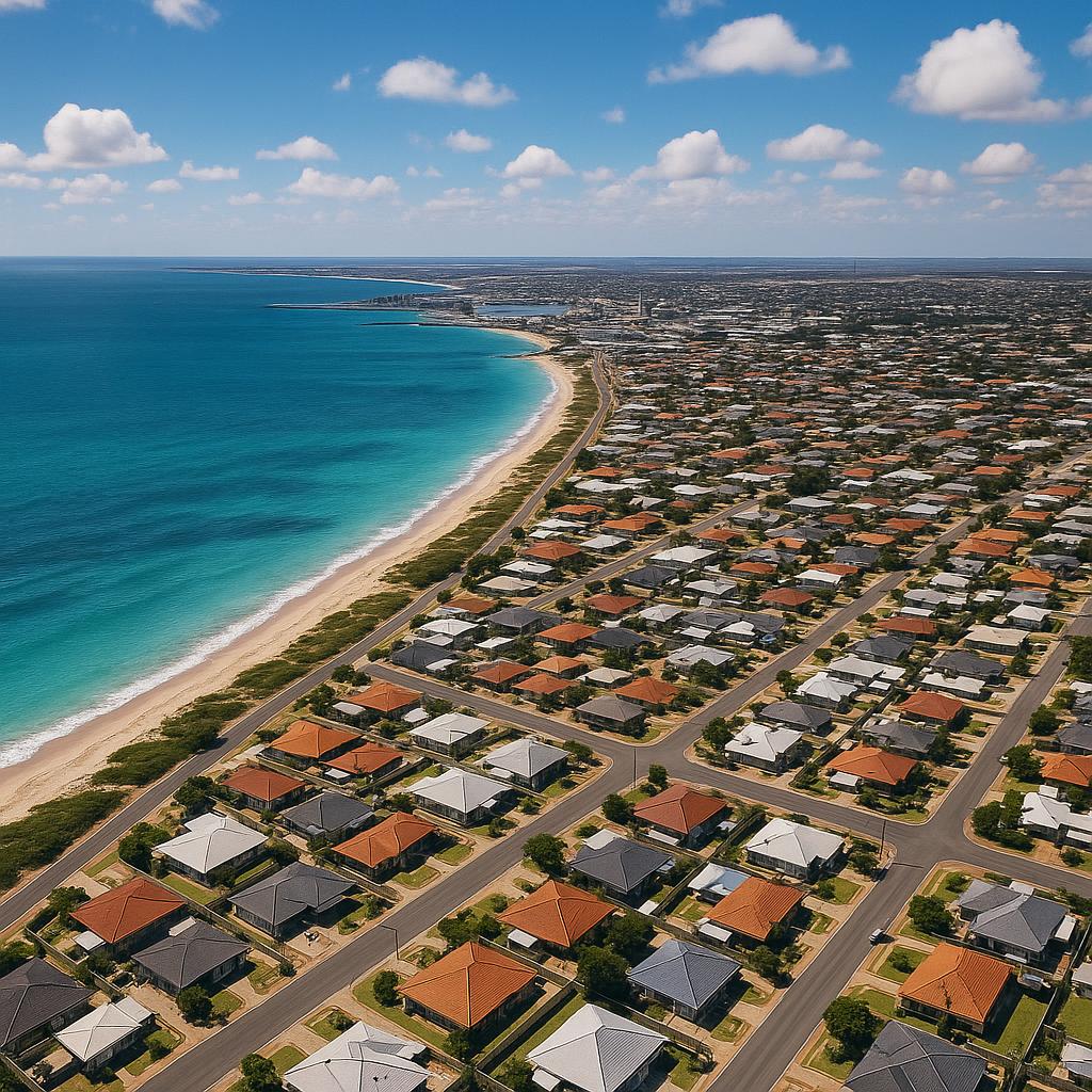 Aerial view of Geraldton showcasing the coastline and housing