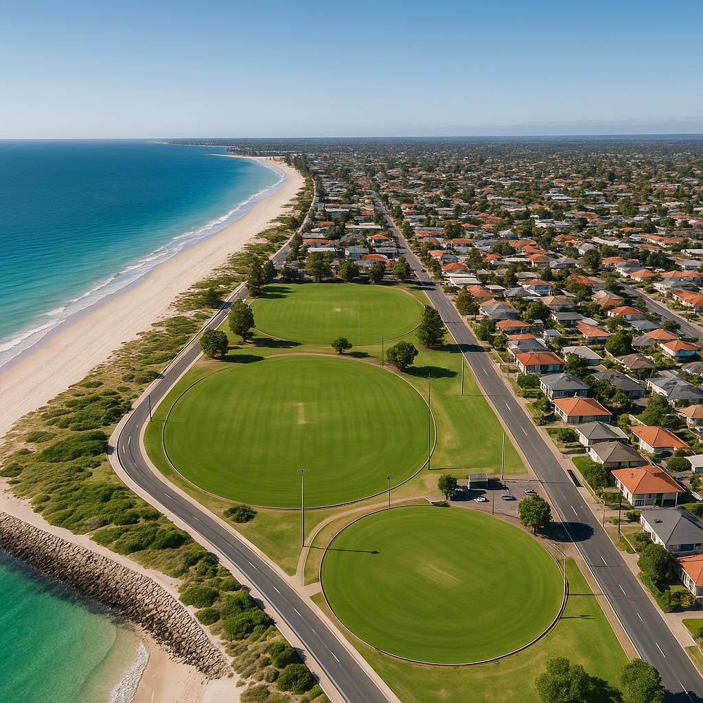Glenelg North view featuring sports ovals and coastline