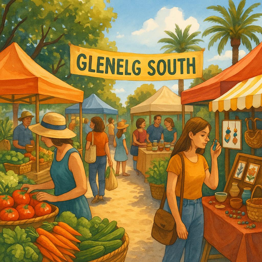 Weekend market in Glenelg South with local crafts and produce