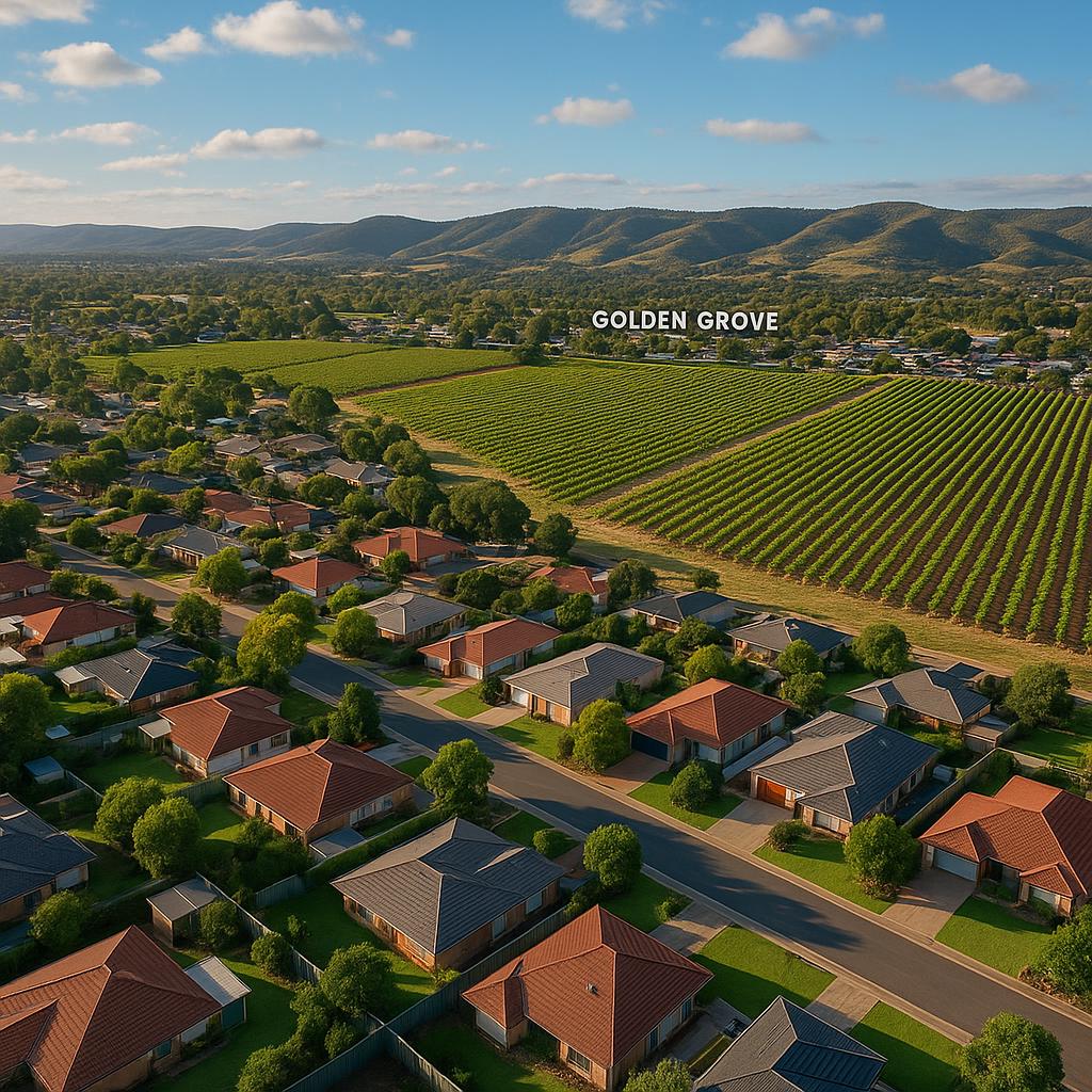 Golden Grove suburb from a distance with vineyards
