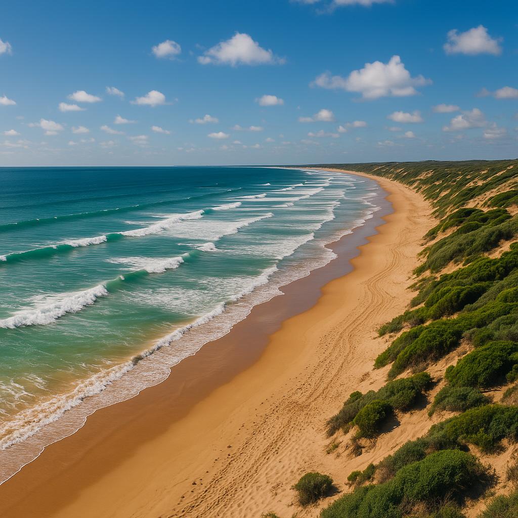Scenic view of Goolwa Beach under bright sunlight