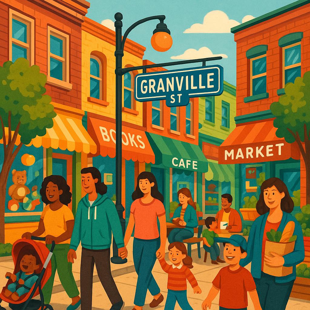 Granville street with local shops and families
