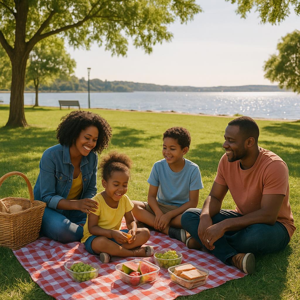 Family picnic in Green Point park with water views
