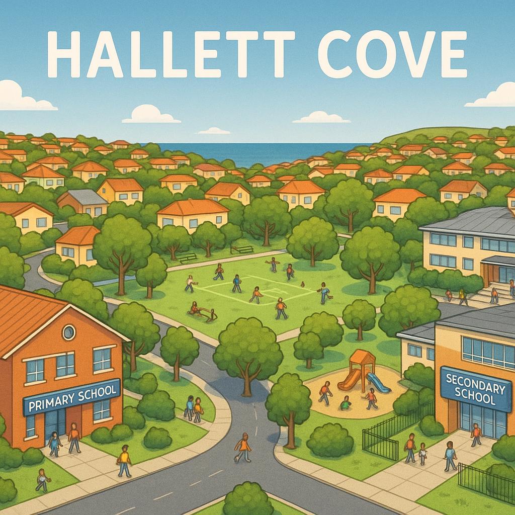 Hallett Cove suburb overview showcasing schools and parks.