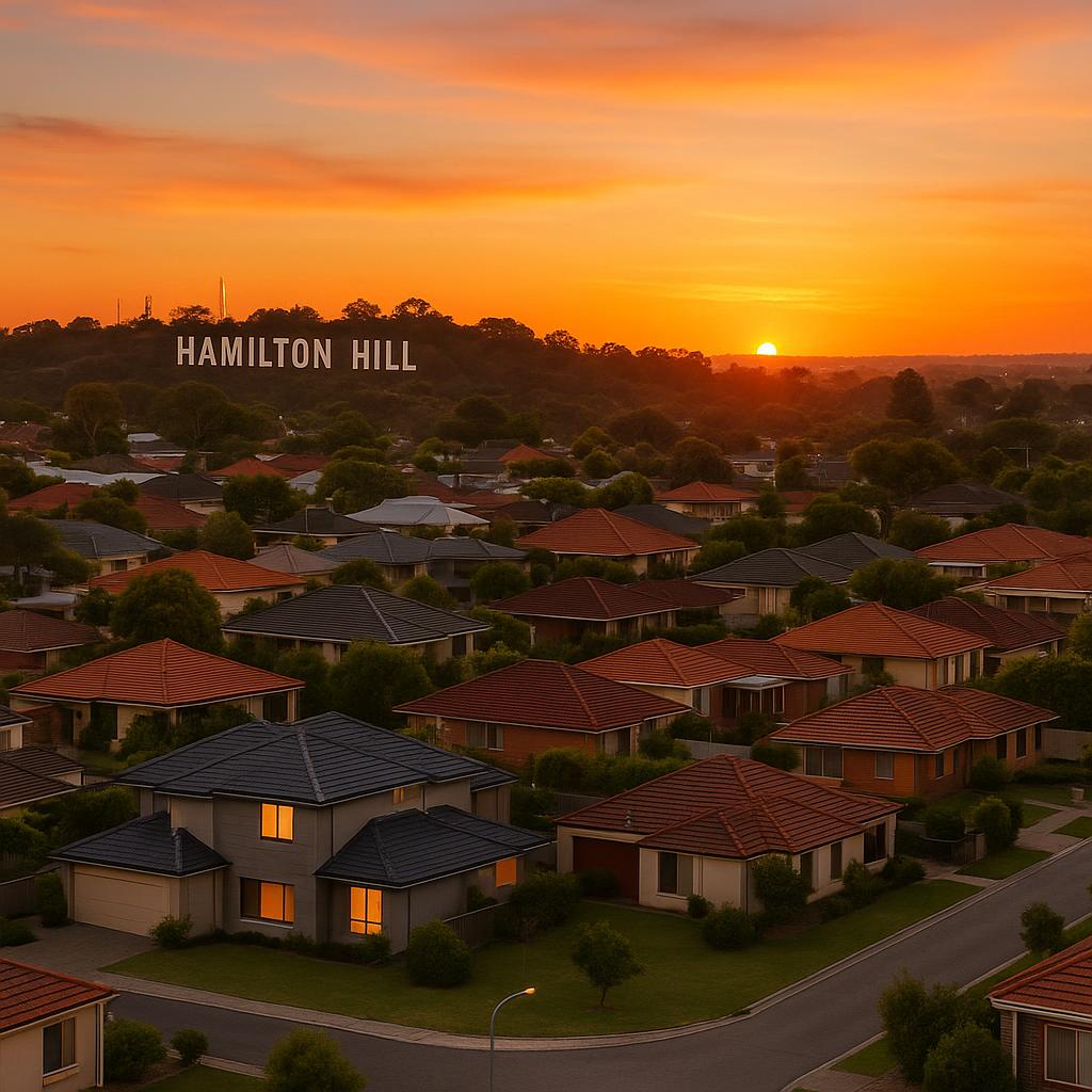 Sunset over Hamilton Hill showcasing residential areas