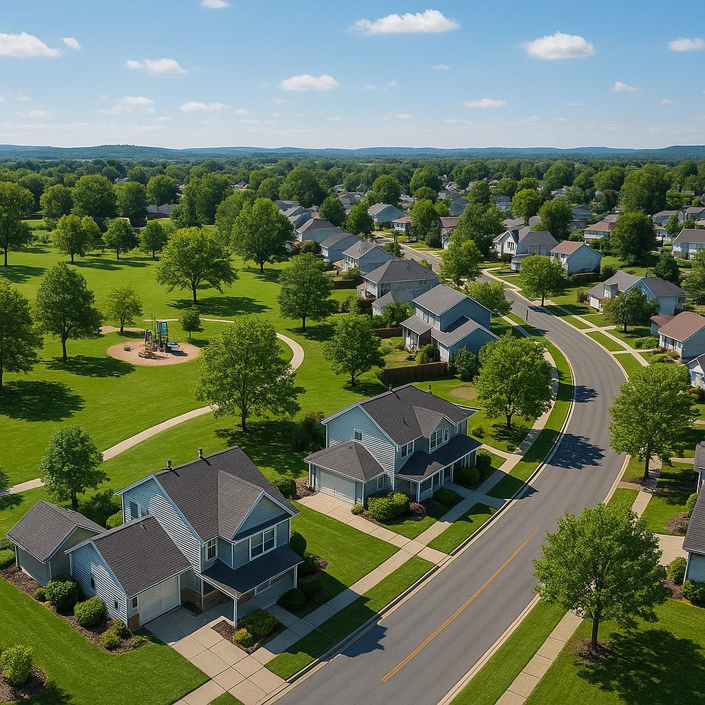 A scenic view of Haynes with parks and homes