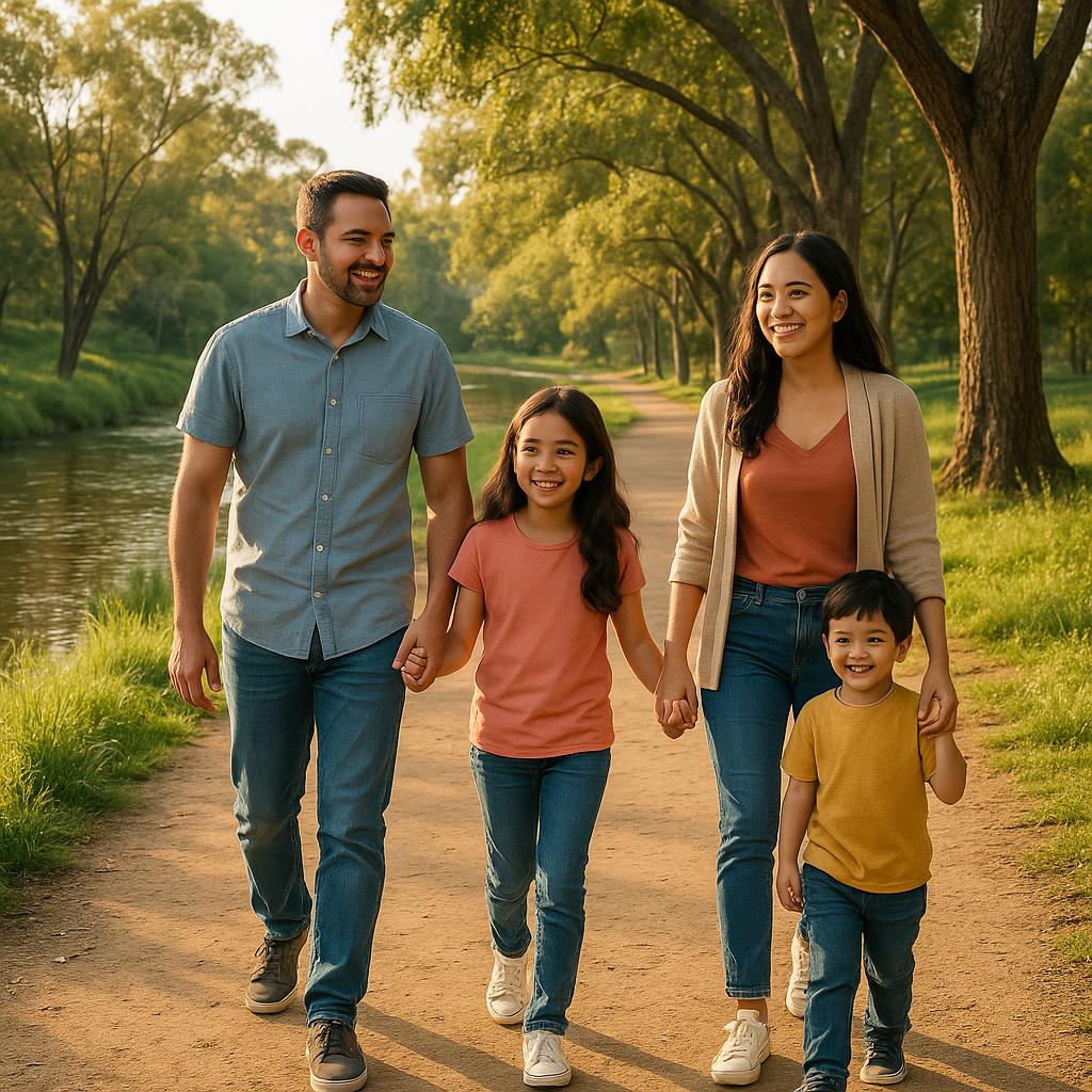 Family walking on Hectorville's riverbank paths
