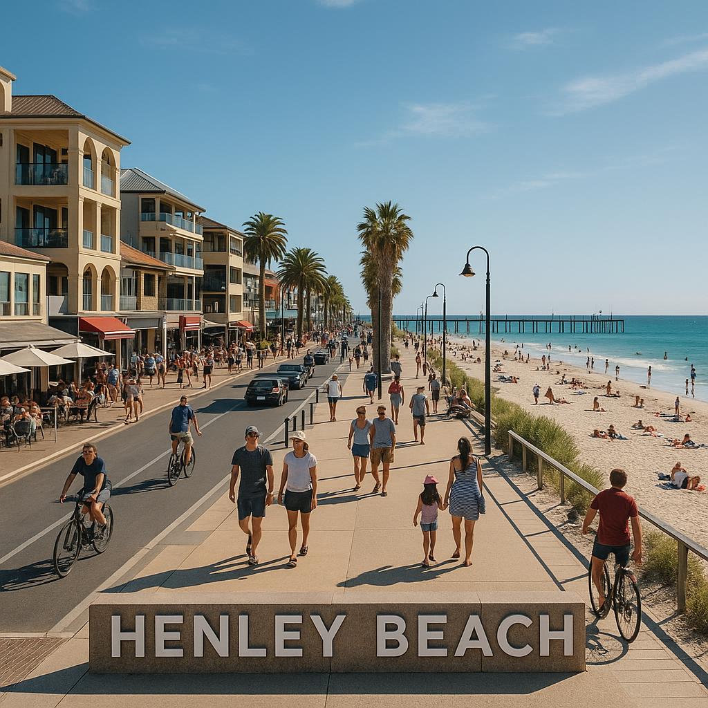 Henley Beach beach scene with people enjoying the sand and surf