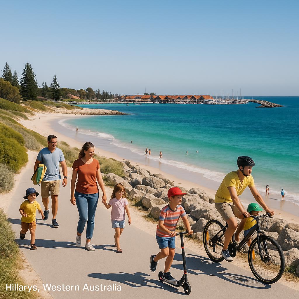Scenic coastal view of Hillarys beach with families