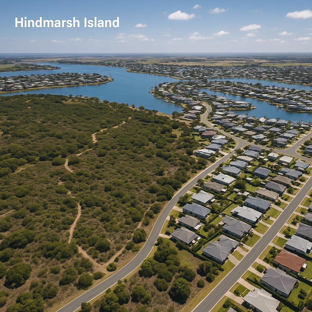 Aerial view of Hindmarsh Island with lush green reserves