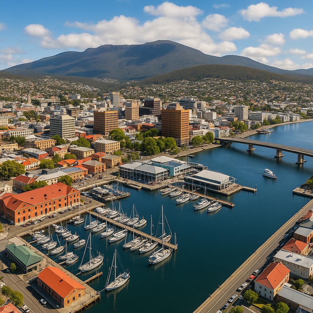 A stunning aerial photograph of Hobart, Tasmania, showcasing its waterfront and natural beauty.