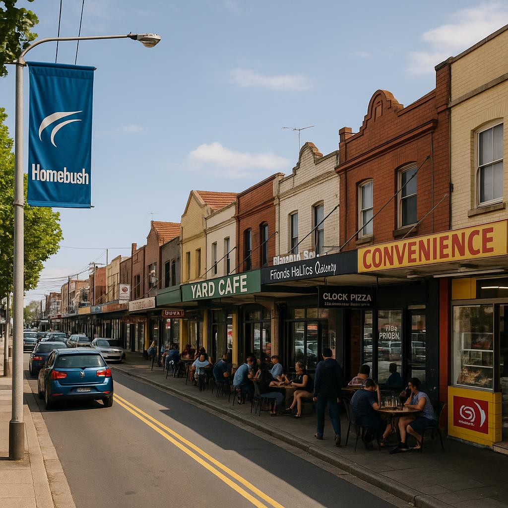 Streetscape of Homebush featuring shops and cafes