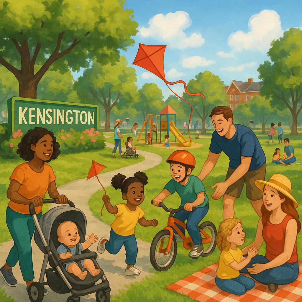 Community life in Kensington featuring parks and families.