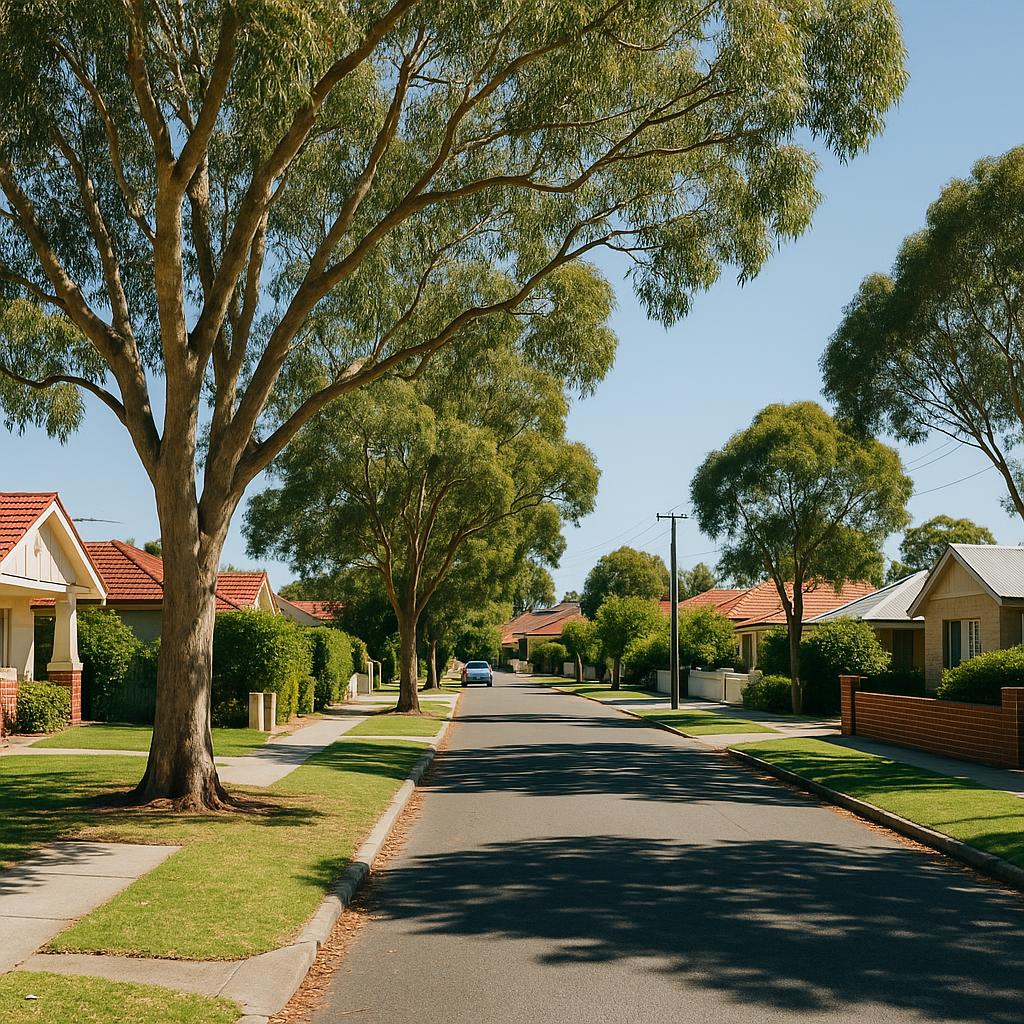 Established Western Australian suburban street with mature trees and tidy homes
