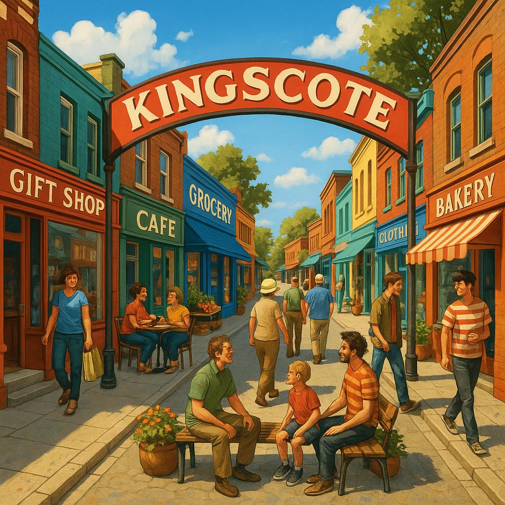 Shopping street in Kingscote featuring cafes and stores.